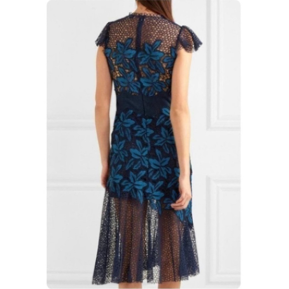 Sea Mosaic Guipure Stitched Lace Embroidered Floral Midi Dress in Blue
